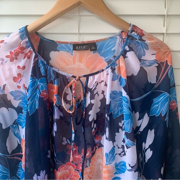 a.n.a Floral Multicolor Print Petite Blue Sheer 3/4 Sleeve Top -Size LP - Picture 2 of 10